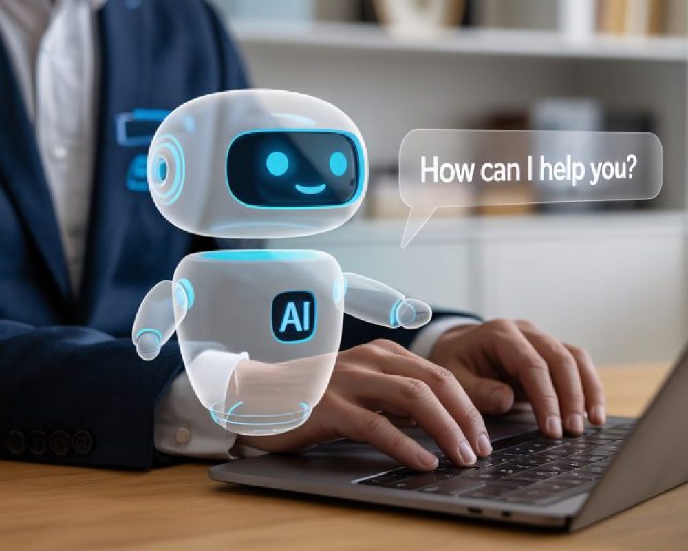 Businessman interacting with AI robot on laptop in modern office