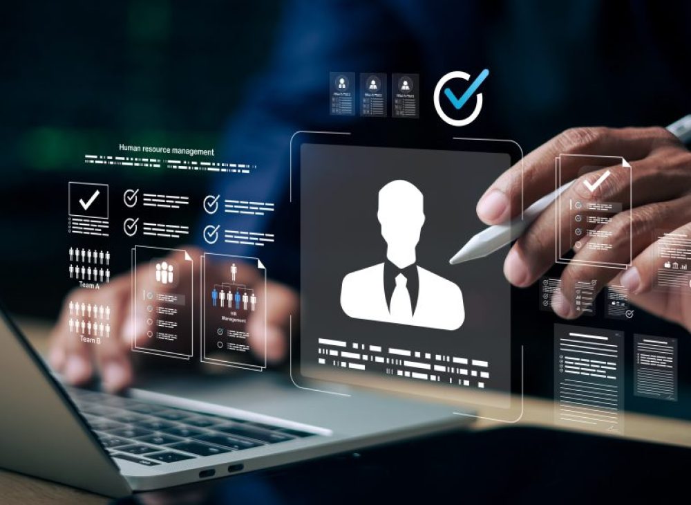 Human resource management interface showing candidate profile, recruitment checklist, and team analytics on laptop. online hiring, and talent management.