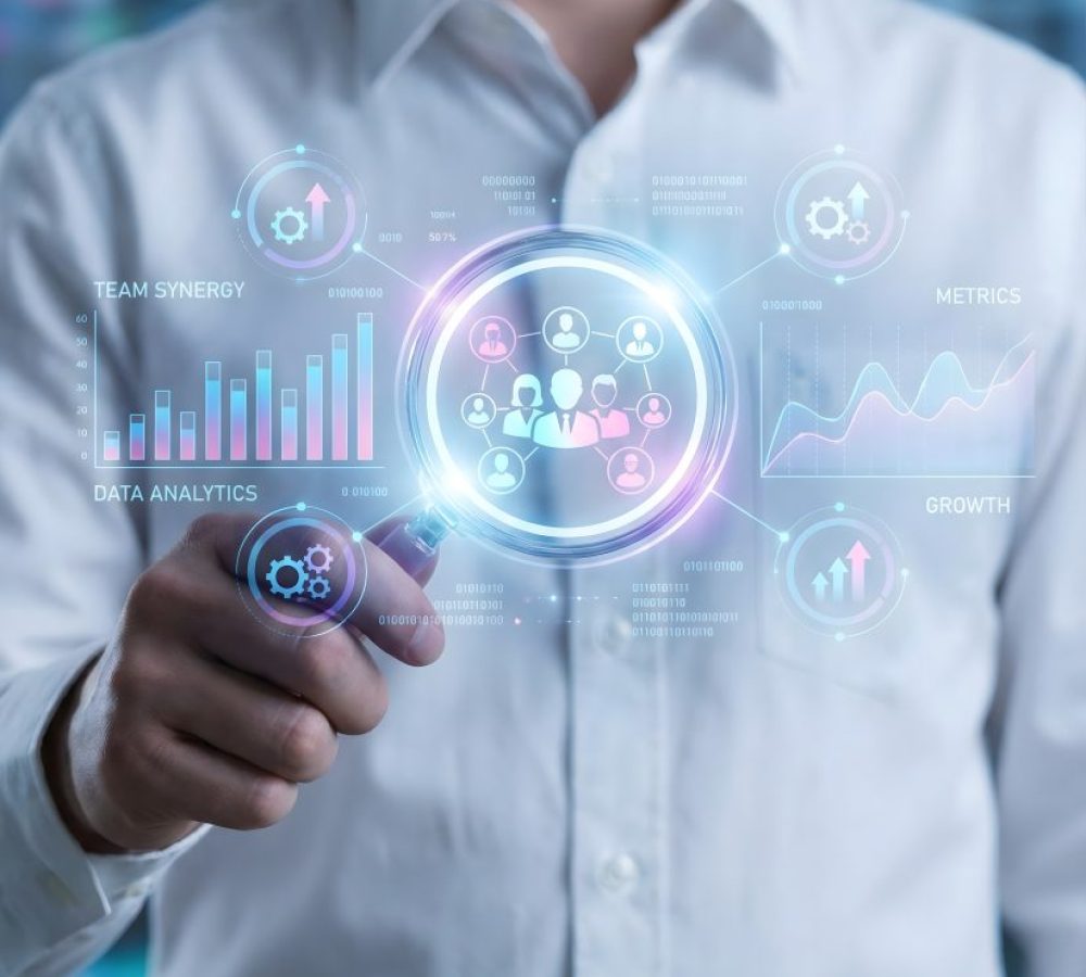 Data Analytics and Business Intelligence Concept with Magnifying Glass, Financial Chart and Digital Dashboard Interface