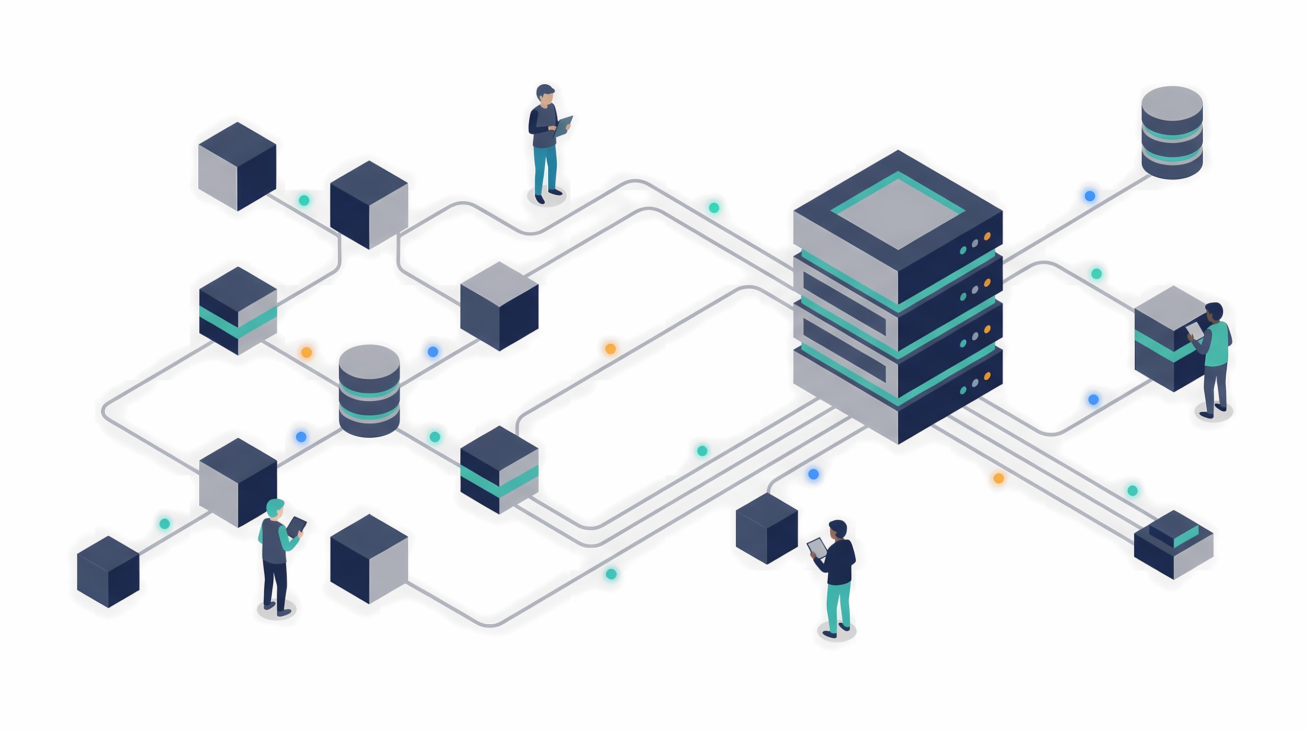 Isometric Big Data Pipeline Illustration with Information Flow and Server Block for Analytics Infrastructure
