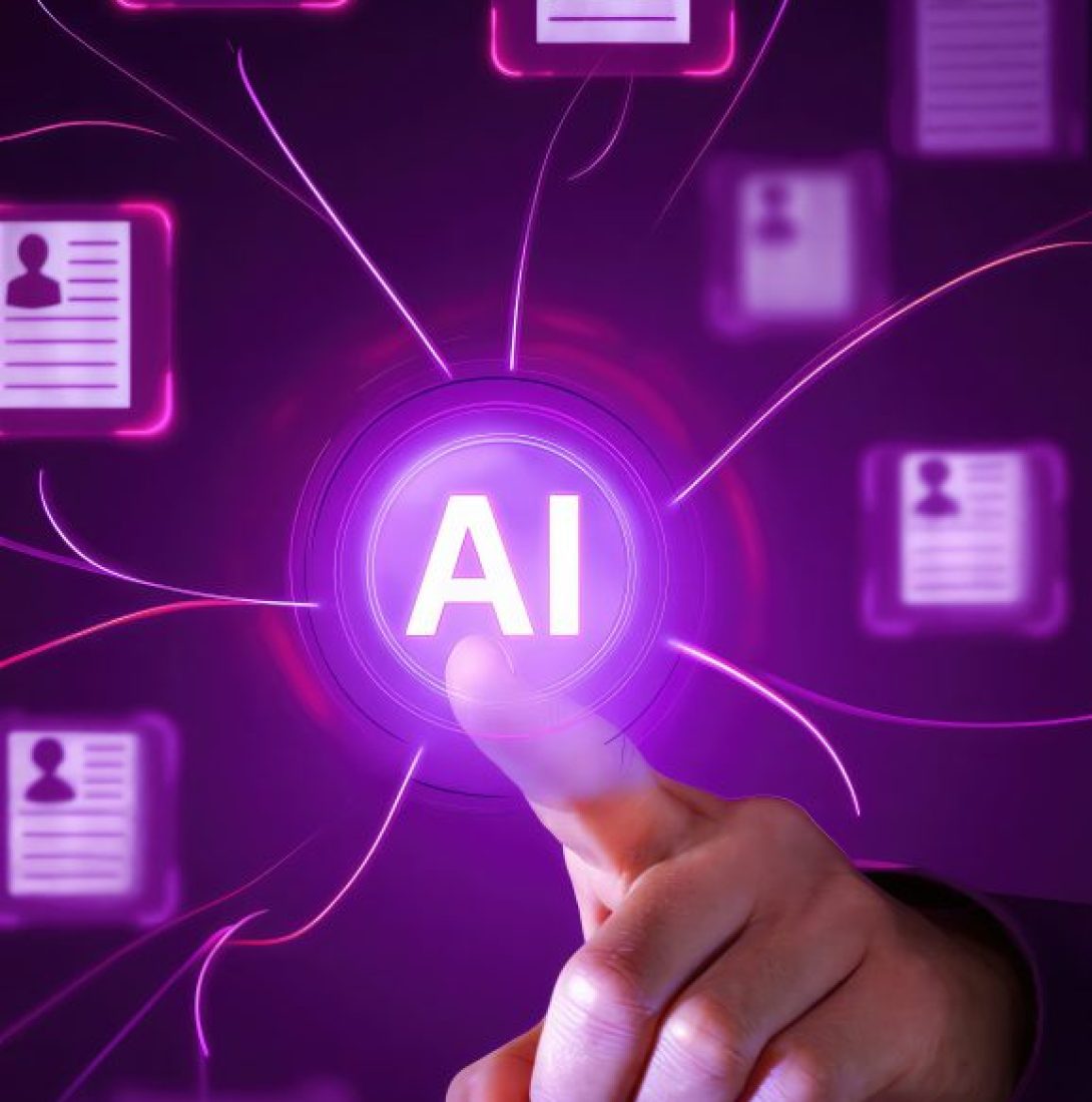 AI recruitment. Automated resume screening and skills assessment. Business manager using AI-powered hiring automation system.