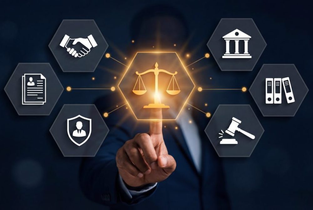 Professional Interacting with Digital Legal System Interface Featuring Justice Scales and Related Icons