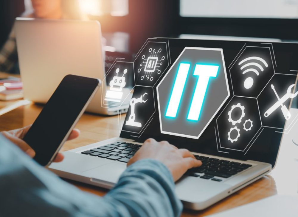 Consulting business concept, Business person hand typing keyboard with VR screen IT Consulting icon, robotic process automation, marketing dashboard.