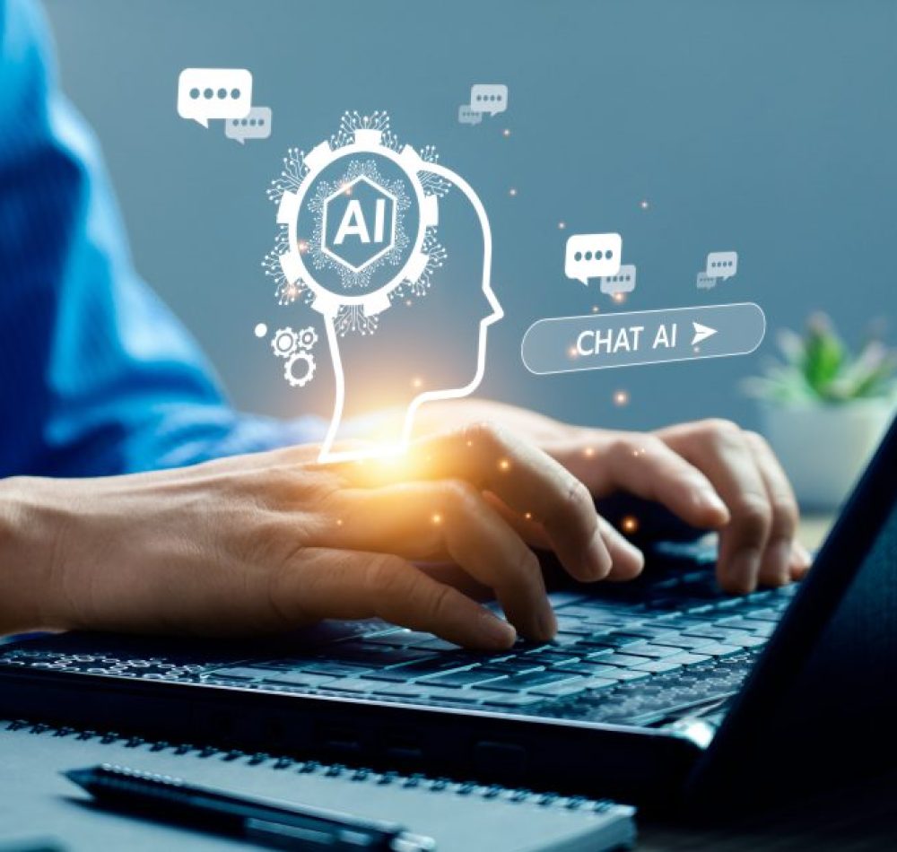 Agentforce training & adoption with AI chatbot interface and intelligent automation on laptop for Salesforce Agentforce implementation