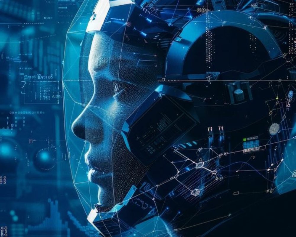 A futuristic robot with a data analysis interface represents the use of AI in risk management,ability of AI to predict,mitigate potential threats, transforming how businesses approach risk assessment