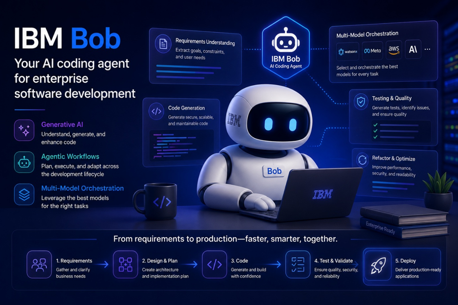  IBM Bob AI coding agent workflow — from requirements to production with generative AI, agentic workflows, and multi-model orchestration for enterprise software development