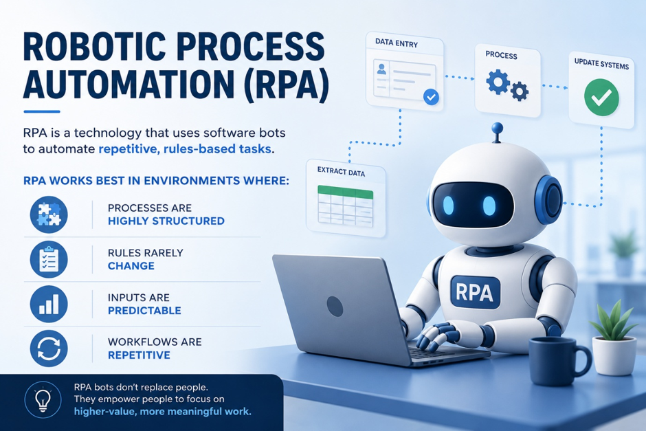 Robotic Process Automation (RPA) infographic showing how software bots automate repetitive rules-based enterprise tasks including data entry, process execution, and system updates