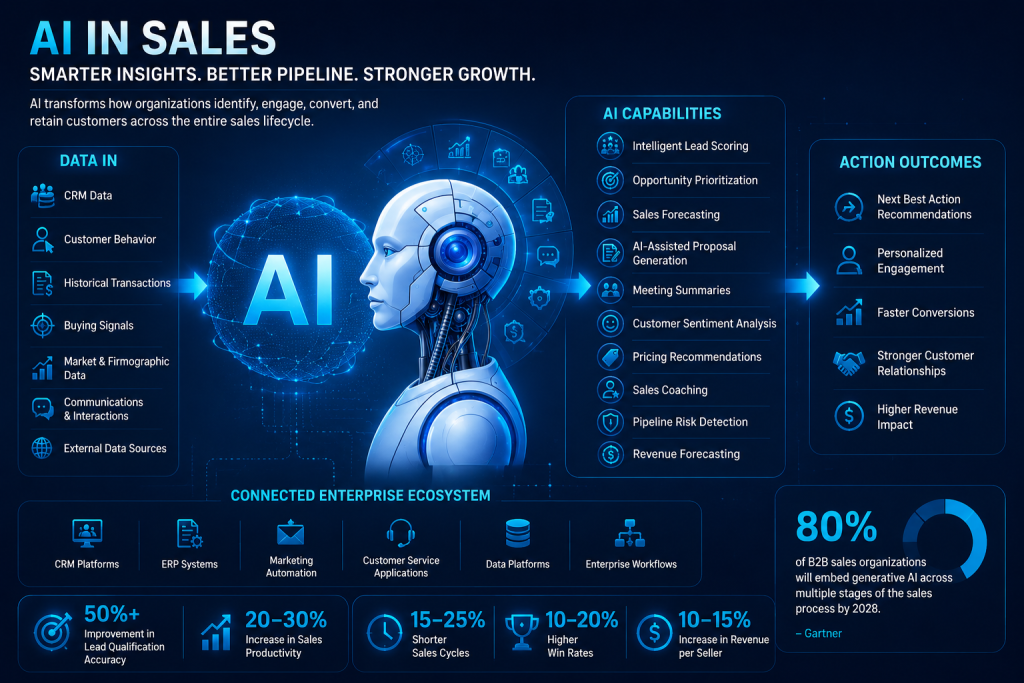 AI in sales diagram CRM data inputs, AI capabilities like lead scoring and forecasting, and revenue outcomes