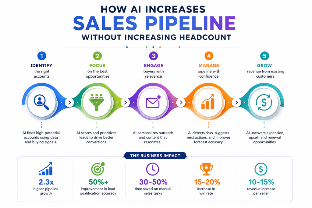 AI sales pipeline process showing 5 steps identify accounts, focus leads, engage buyers, manage pipeline, grow revenue