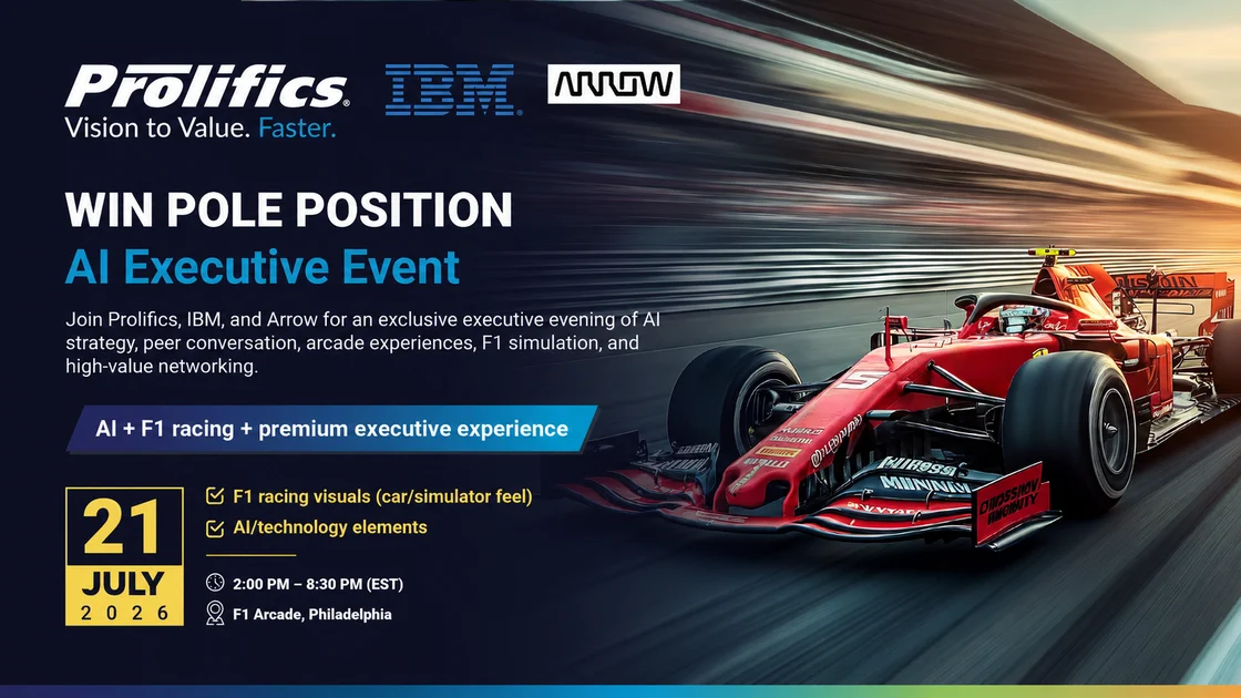 Enterprise AI event at F1 Arcade Philadelphia with Prolifics featuring agentic AI, cloud transformation, executive networking, and racing experience
