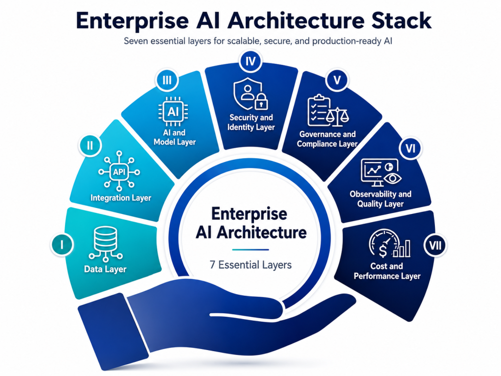 Enterprise AI Architecture Stack diagram showing 7 essential layers: Data Layer, Integration Layer, AI and Model Layer, Security and Identity Layer, Governance and Compliance Layer, Observability and Quality Layer, and Cost and Performance Layer — a scalable, secure, production-ready AI framework by Prolifics
