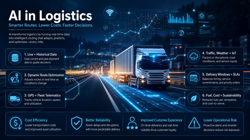 AI in logistics for enterprises: infographic showing route optimization, fleet telematics, and cost efficiency benefits