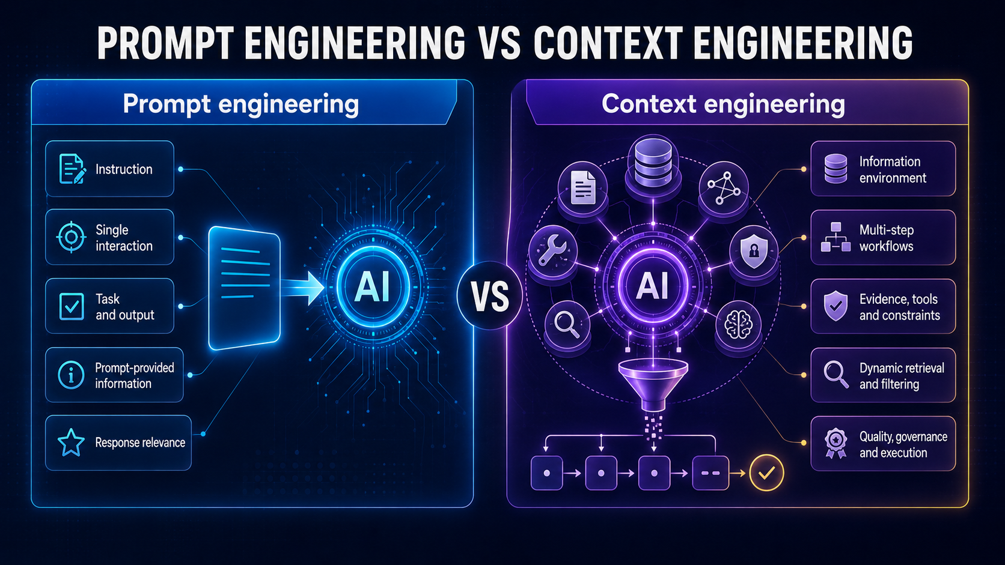 Prompt engineering vs context engineering comparison diagram showing information environment, tools, and multi-step workflows for AI agents