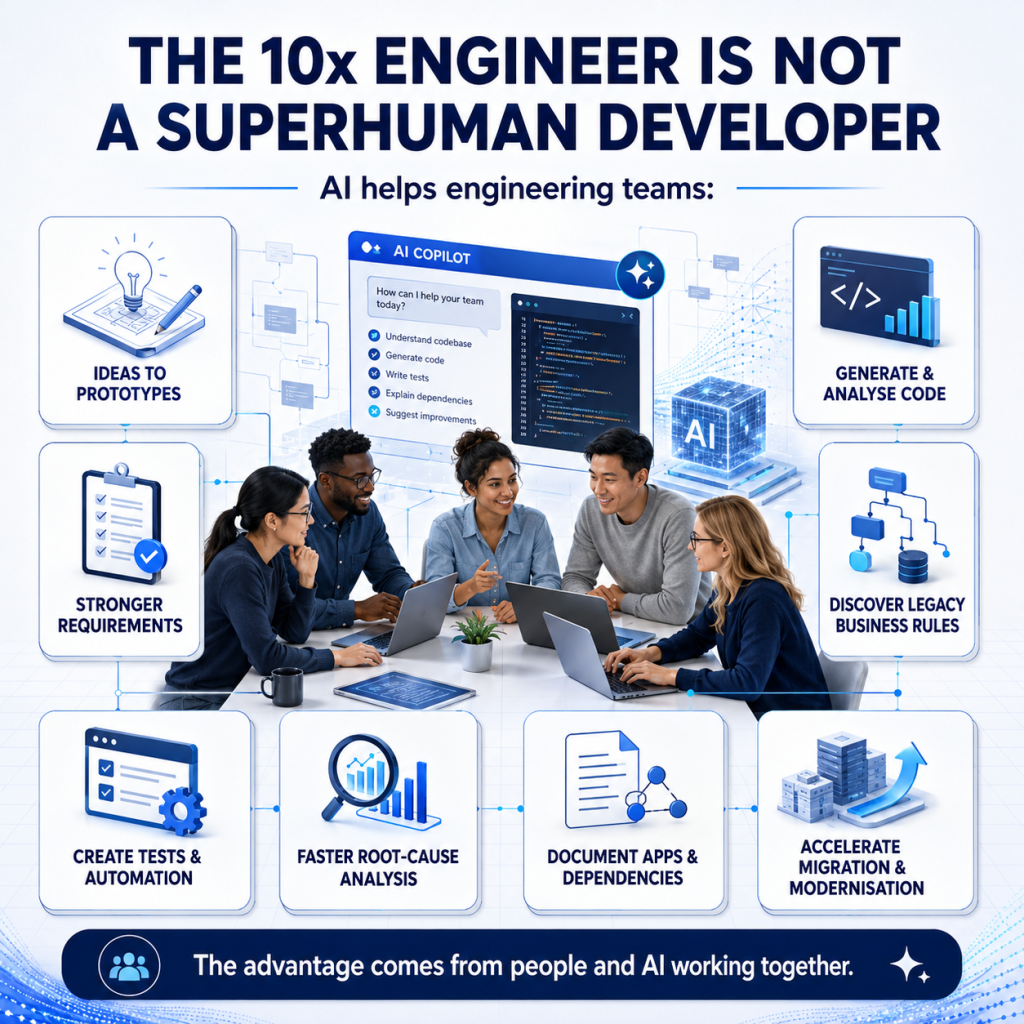 Infographic showing how AI supports 10x engineering teams with code generation, testing, legacy business rule discovery, and migration modernization