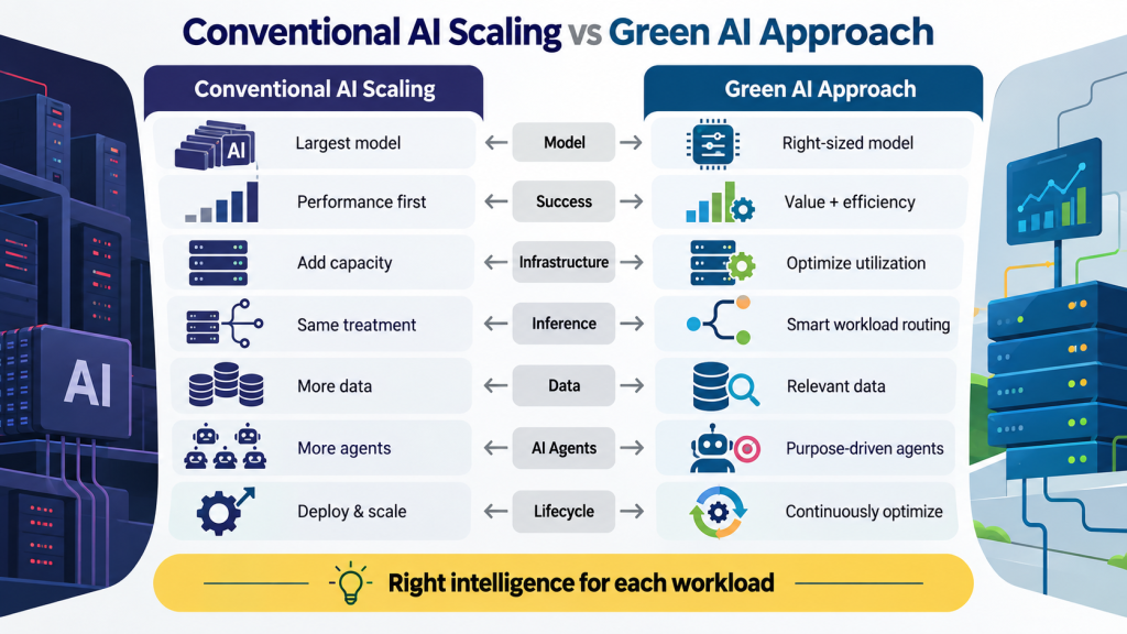 Conventional AI scaling vs Green AI approach for sustainable enterprise AI deployment