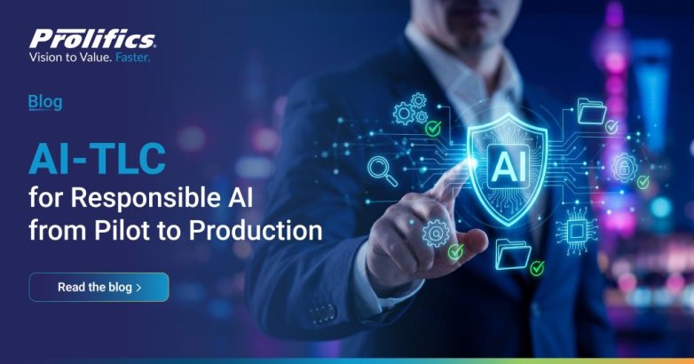Prolifics AI-TLC blog banner showing a hand touching a glowing AI shield for responsible AI testing from pilot to production